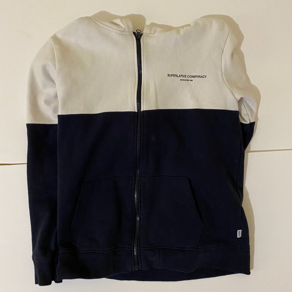 Kids size 12/large white and navy sweater.